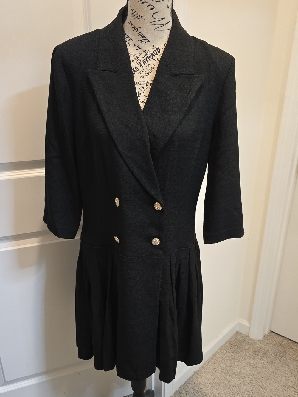Goelia- Black Double-Breasted Blazer Dress with Gold Buttons